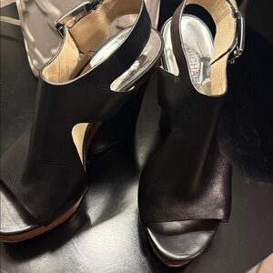 Michael Kors Black Leather Cutout Wedge Sandals with Ankle Strap
